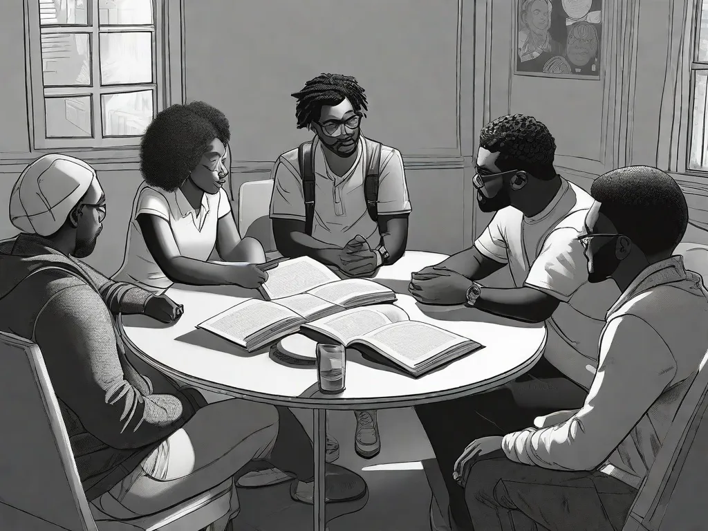 Descrição da imagem:
Uma fotografia em preto e branco de um grupo de indivíduos diversos sentados juntos em um círculo, envolvidos em uma discussão sobre um livro. A imagem captura suas expressões e gestos animados, refletindo o poder da literatura em promover conversas e explorar questões raciais.