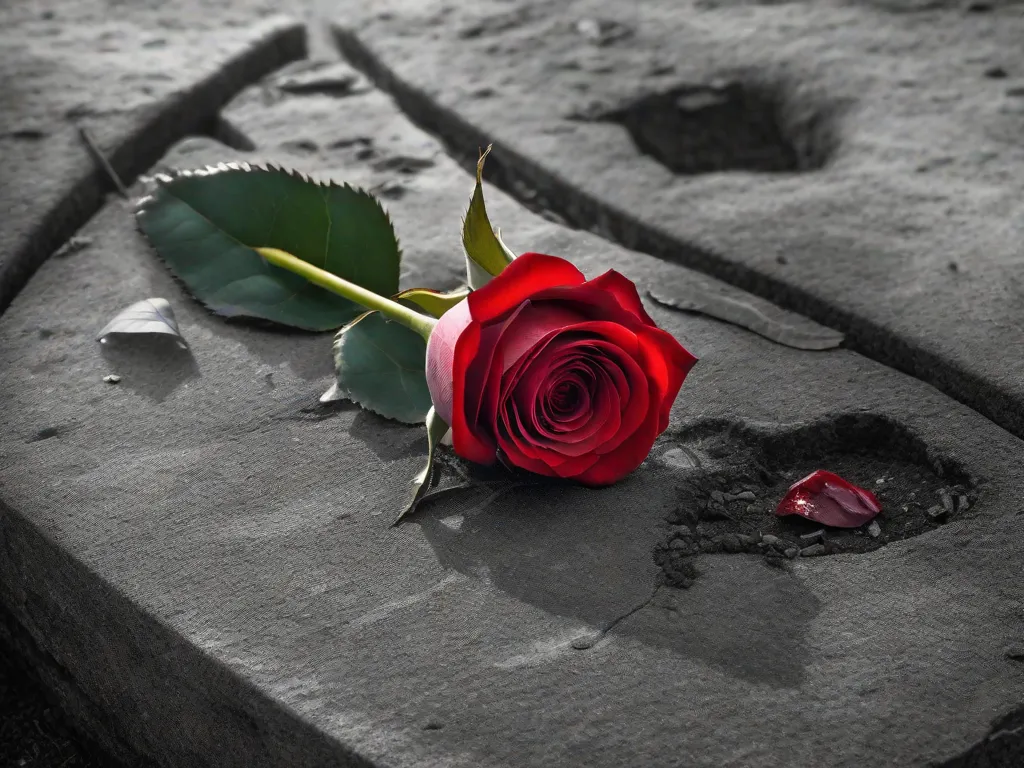 Uma fotografia em preto e branco de uma única rosa vermelha deitada sobre uma lápide desgastada. As pétalas murchas simbolizam a perda e o declínio do amor, enquanto o vermelho vibrante representa o amor apaixonado e intenso retratado em