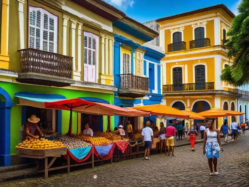 Uma imagem vibrante de uma movimentada rua em Salvador, Bahia, captura a essência do mundo literário de Jorge Amado. Coloridos prédios coloniais margeiam a estrada de paralelepípedos, adornados com animados vendedores ambulantes vendendo iguarias tradicionais baianas. O cheiro de acarajé enche o ar enquanto moradores locais e turistas mergulham na r
