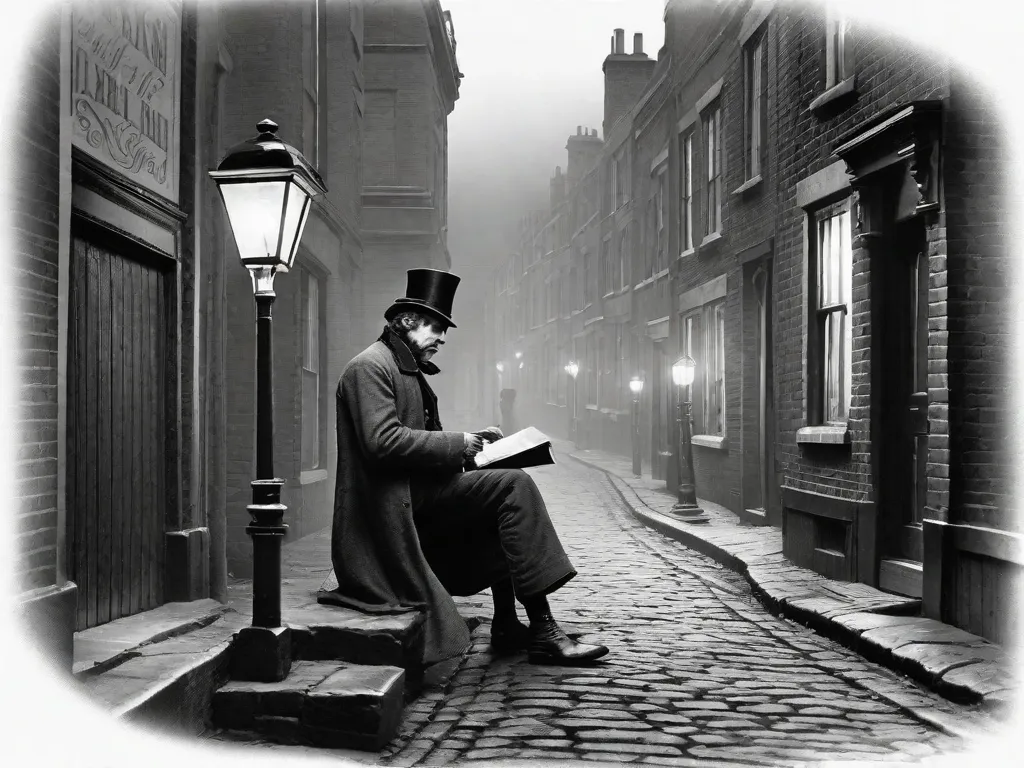 Uma imagem em preto e branco de uma rua vitoriana pouco iluminada, com estradas de paralelepípedos e lampiões a gás iluminando a atmosfera nebulosa. Na frente, um homem desgastado em roupas esfarrapadas está sentado na soleira de uma porta, lendo um livro. A imagem captura a essência do legado de Charles Dickens, retratando as dur