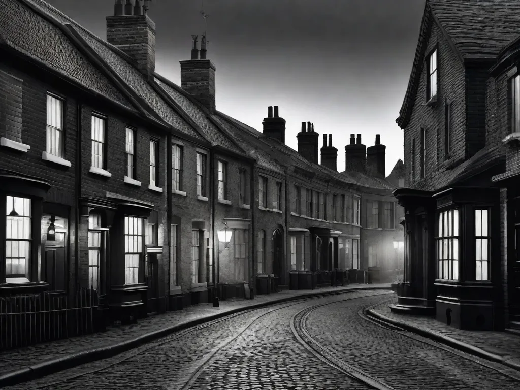 Uma imagem em preto e branco de uma rua vitoriana fracamente iluminada, com ruas de paralelepípedos e prédios altos e estreitos. A imagem captura a essência da era de Charles Dickens, evocando uma sensação de pobreza, desigualdade e luta social que ele frequentemente retratava em seus romances.