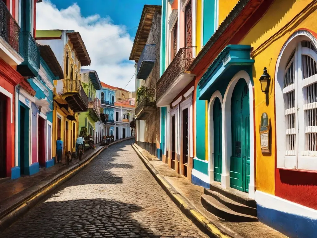 Uma imagem vibrante das movimentadas ruas de Salvador, Brasil, capturando a essência da amada Bahia de Jorge Amado. Coloridos prédios coloniais alinham as estradas de paralelepípedos, enquanto o som do samba preenche o ar. A imagem destaca o rico patrimônio cultural e a inspiração por trás dos cativantes romances de Amado.