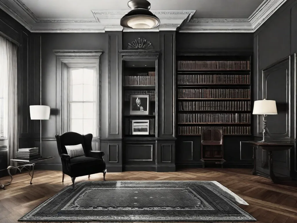 Descrição da imagem: Uma fotografia em preto e branco de uma sala de estar elegante dos anos 1920, com um toca-discos no canto e uma estante de livros cheia de clássicos da literatura americana. Ao fundo, uma cortina esvoaçante revela uma vista noturna da cidade, iluminada pelos néons dos clubes de jazz.