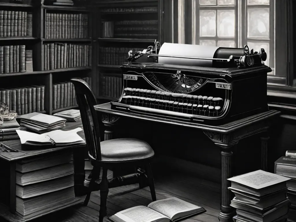 Descrição da imagem: Uma fotografia em preto e branco mostra uma sala de estudo com pouca iluminação, com uma mesa vintage coberta de livros e papéis. Na mesa, há uma antiga máquina de escrever e uma pena de escrever descansando em um tinteiro. A sala está cheia de prateleiras com livros empoeirados, criando uma atmosfera de criatividade e intelectual