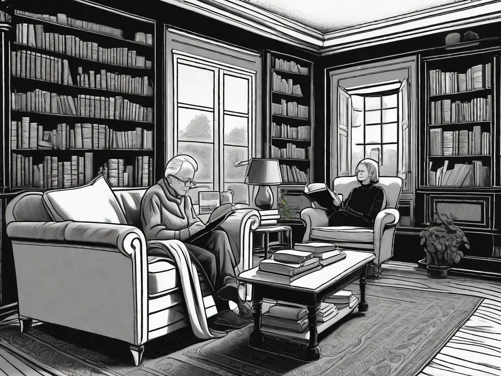 Uma imagem em preto e branco de uma sala de estar aconchegante com uma estante cheia de literatura clássica. Em primeiro plano, uma pessoa mais velha está sentada em uma poltrona, absorta em um livro, enquanto uma pessoa mais jovem está sentada no chão, ouvindo atentamente sua narrativa. A imagem captura o vínculo atemporal entre gerações através do amor pela liter