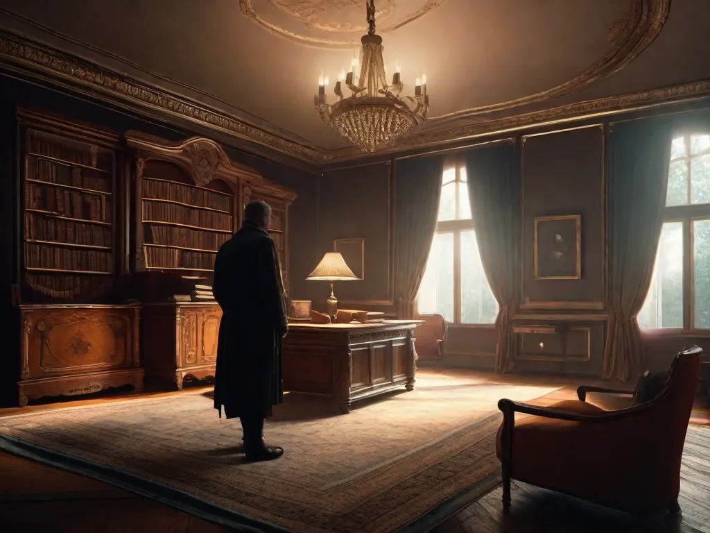Um quarto com pouca iluminação, adornado com móveis antigos, prepara o cenário para uma narrativa cheia de suspense. Uma figura sombria fica no canto, parcialmente oculta por uma cortina ondulante. A atmosfera está carregada de tensão, deixando o leitor se perguntando quais segredos estão escondidos nas páginas deste emocionante romance.