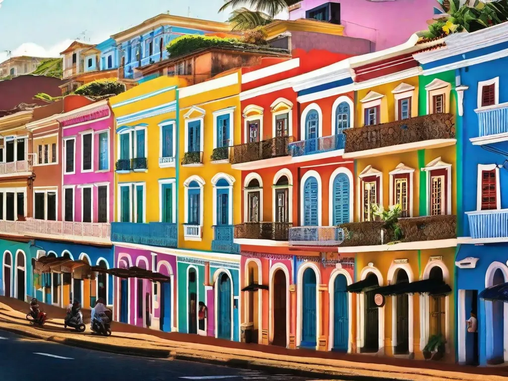 Uma imagem vibrante das coloridas ruas de Salvador, Bahia. A foto captura a essência dos romances de Jorge Amado, exibindo a rica cultura, atmosfera animada e beleza arquitetônica da cidade. Os prédios adornados com detalhes intricados são testemunho da profunda conexão do autor com sua amada Bahia.