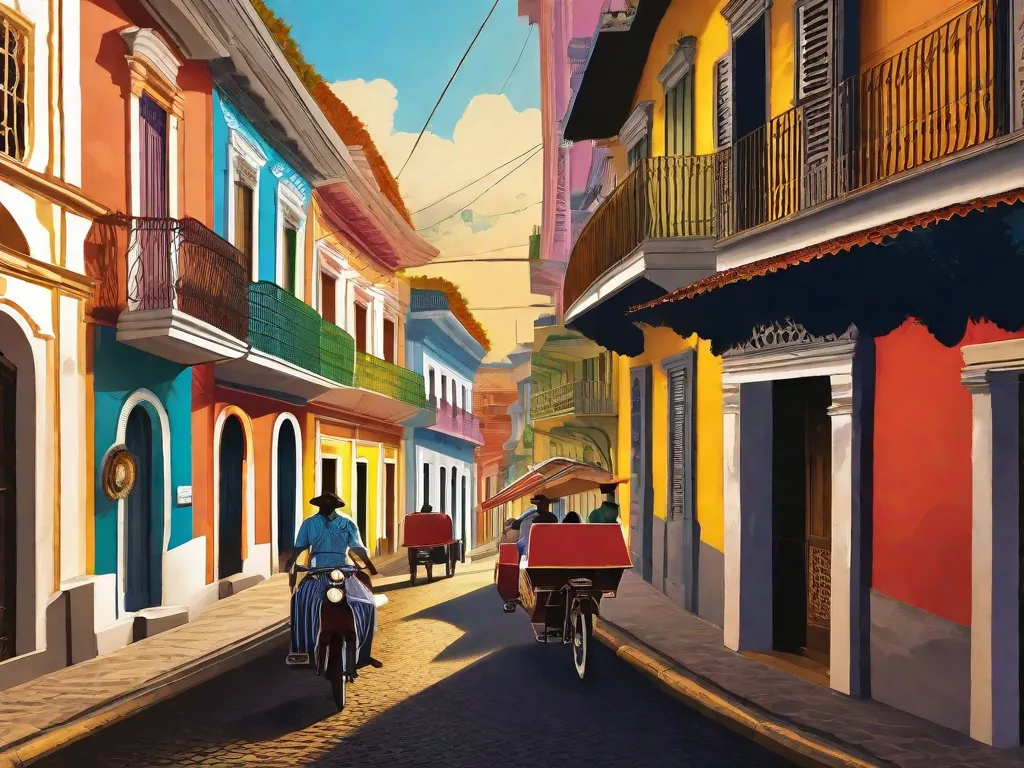 Uma imagem vibrante das movimentadas ruas de Salvador, Brasil, capturando a essência da amada Bahia de Jorge Amado. Coloridos prédios coloniais alinham as estradas de paralelepípedos, enquanto o som do samba preenche o ar. A imagem destaca o rico patrimônio cultural e a inspiração por trás dos cativantes romances de Amado.