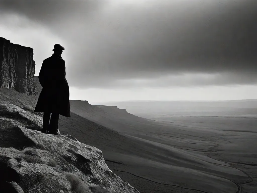Descrição da imagem: Uma fotografia em preto e branco de uma figura solitária em pé à beira de um penhasco, observando uma paisagem vasta e desolada. A silhueta da figura é enquadrada contra o pano de fundo de um céu sombrio, simbolizando os temas existencialistas de isolamento, alienação e busca por sentido no romance 'O Estrangeiro' de Albert Camus.