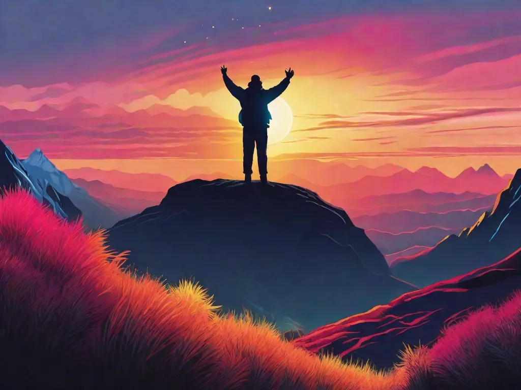 Na imagem, é retratada a silhueta de uma pessoa em pé no topo de uma montanha. Os braços da pessoa estão levantados triunfantemente, simbolizando sua jornada de superação de obstáculos e impacto positivo no mundo. As cores vibrantes do nascer do sol atrás deles representam esperança, resiliência e o poder da inspiração.