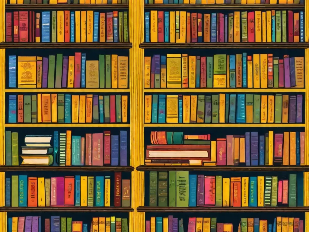 Uma ilustração vibrante retrata uma estante cheia de várias edições de