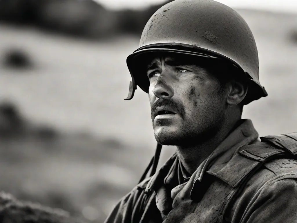 Uma fotografia em preto e branco retrata um soldado exausto, com o rosto coberto de sujeira e suor, olhando fixamente para o horizonte com uma expressão de cansaço e desespero. A imagem captura as duras realidades da guerra, espelhando os temas de 'Adeus às Armas' de Ernest Hemingway, onde as linhas borradas entre a realidade e