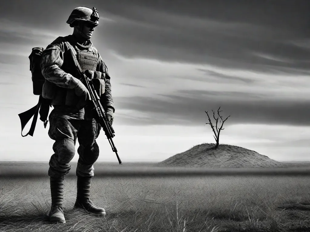 Uma fotografia em preto e branco de um soldado em pé sozinho em um campo de batalha desolado, seu rosto marcado pelo cansaço e tristeza. A imagem captura a realidade assombrosa da guerra, destacando o contraste gritante entre os ideais romantizados de heroísmo e a dura verdade de suas consequências devastadoras.