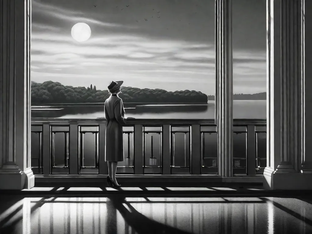Uma imagem em preto e branco de uma figura solitária parada na beira de uma mansão imponente, olhando para uma luz verde distante através da água. A imagem captura a essência agridoce do amor e da perda retratados em 'O Grande Gatsby', evocando um sentimento de saudade e sonhos inalcançáveis.