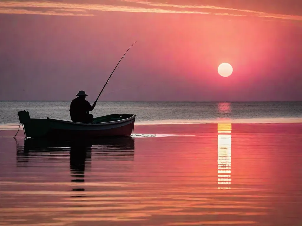 um pescador solitário em alto mar.
O pescador encontra-se sozinho em seu pequeno barco de madeira, rodeado pelo vasto oceano. O sol está se pondo, iluminando o céu com belos tons de laranja e rosa. O pescador observa o mar com uma expressão contemplativa, transmitindo a sensação de solidão e introspecção.
Essa imagem retrata a vida sol