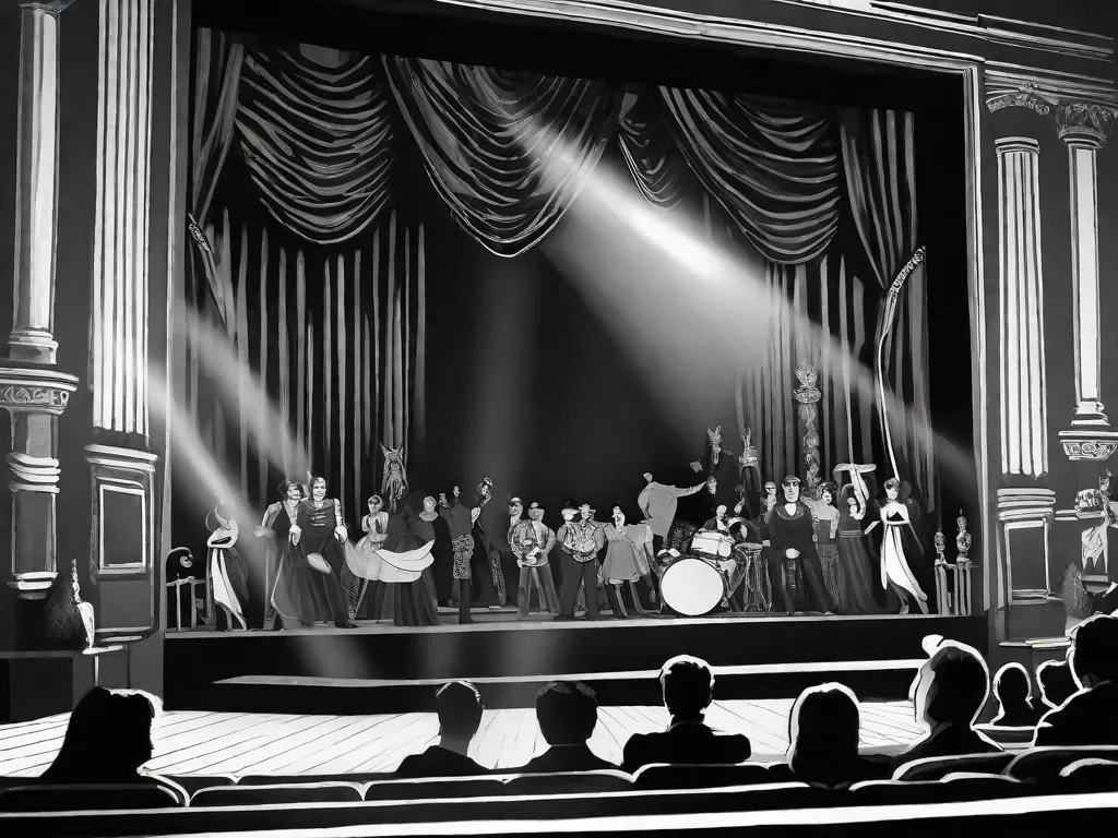 Descrição da imagem: Uma fotografia em preto e branco de um teatro lotado, com o palco iluminado. A plateia está cativada, seus rostos expressam uma variedade de emoções, desde risos até choque. A imagem captura a essência da influência de Nelson Rodrigues na sociedade brasileira, já que suas peças provocativas e inovadoras continuam a ressoar com o público, desafi