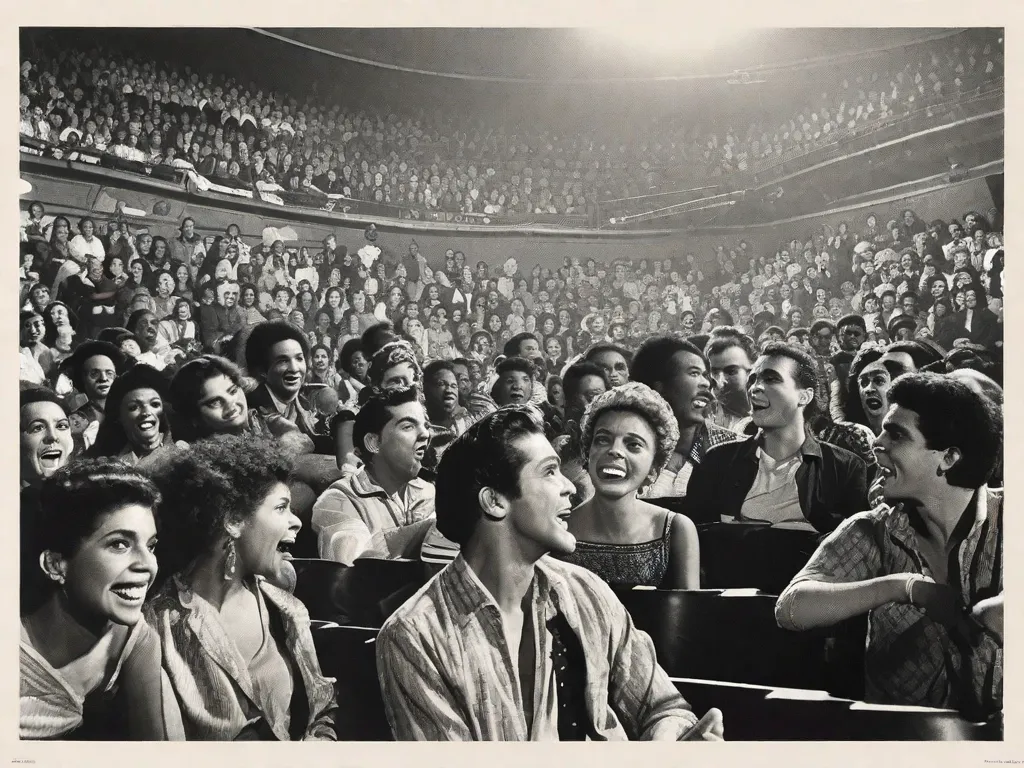 Descrição da imagem: Uma fotografia em preto e branco de um teatro lotado, com o palco iluminado. A plateia está cativada, seus rostos expressam uma variedade de emoções, desde risos até choque. A imagem captura a essência da influência de Nelson Rodrigues na sociedade brasileira, já que suas peças provocativas e inovadoras continuam a ressoar com o público, desafi