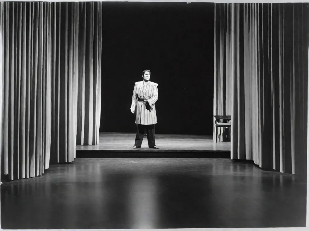 Descrição da imagem: Uma fotografia em preto e branco de um palco de teatro, com o holofote focado em um ator solitário no centro. O ator está vestido com uma roupa dramática, exalando intensidade e paixão em sua performance. A imagem captura a essência da influência de Nelson Rodrigues na sociedade brasileira, destacando o poder do teatro em provocar emoções e desaf