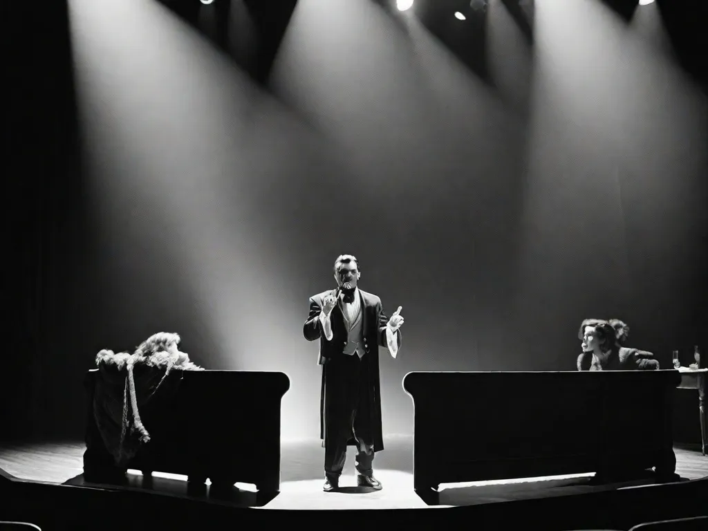 Descrição da imagem: Uma fotografia em preto e branco de um palco de teatro, com um holofote iluminando um ator solitário no centro. O ator está vestido com uma roupa dramática, expressando emoções intensas por meio de sua linguagem corporal e expressão facial. A plateia, visível ao fundo, está cativada pela performance, seus rostos refletindo uma mistura de esp