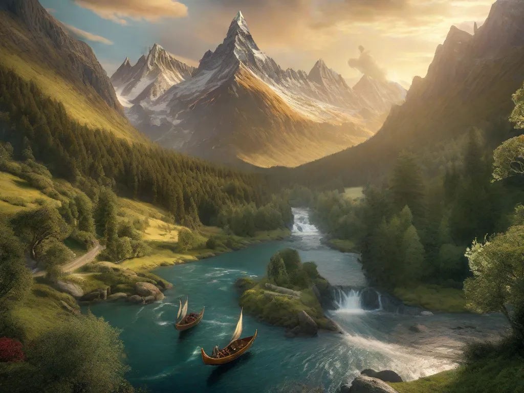 Na imagem, uma paisagem majestosa se desdobra diante de nossos olhos. Montanhas imponentes com picos cobertos de neve erguem-se altas, enquanto vales verdejantes se estendem abaixo. Um rio sinuoso serpenteia pela cena, refletindo as cores vibrantes da flora ao redor. Esta vista cativante incorpora o gênio de construção de mundo de J.R.R. Tolkien