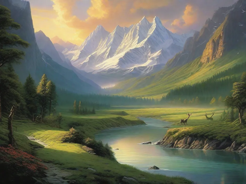 Uma ilustração majestosa de uma vasta paisagem mítica se desenrola diante de nossos olhos. Montanhas imponentes se estendem em direção aos céus, suas alturas coroadas de neve. Vales verdejantes se espalham abaixo, pontilhados de florestas antigas e rios sinuosos. Ao longe, um grande castelo se ergue como um testemun