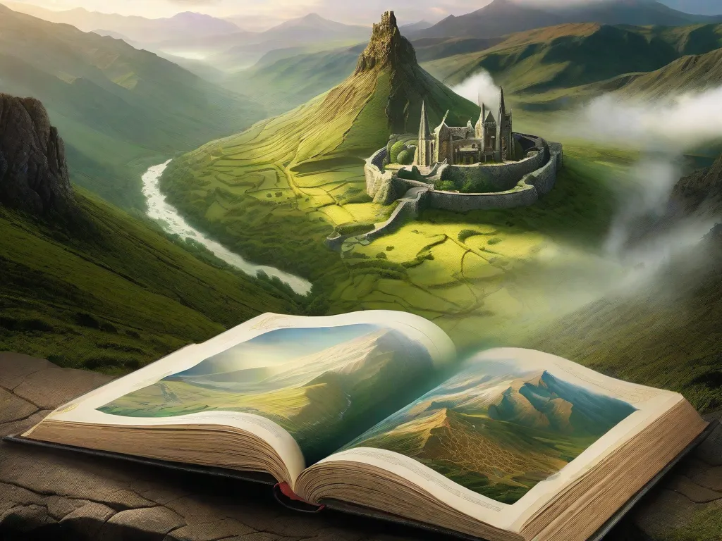 Descrição: Uma paisagem majestosa se desdobra diante de nossos olhos, com montanhas imponentes envoltas em neblina e vales verdes exuberantes pontilhados de ruínas antigas. Na frente, um livro envelhecido está aberto, revelando mapas intricados e ilustrações fantásticas. Essa imagem captura a essência do legado de construção de mundo de J.R