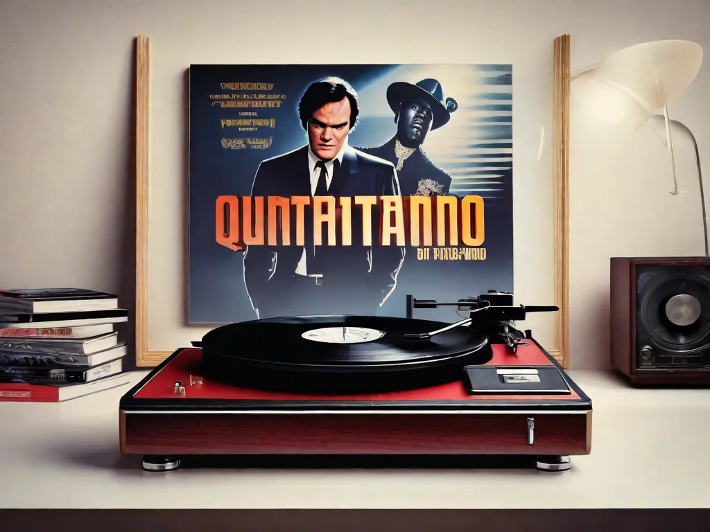 Uma imagem de um toca-discos de vinil, com um pôster vintage de um dos filmes de Quentin Tarantino ao fundo. O toca-discos está tocando uma trilha sonora de um dos seus filmes, com a agulha descansando sobre o vinil, capturando a essência da música no estilo icônico e cinematográfico de Tarantino.