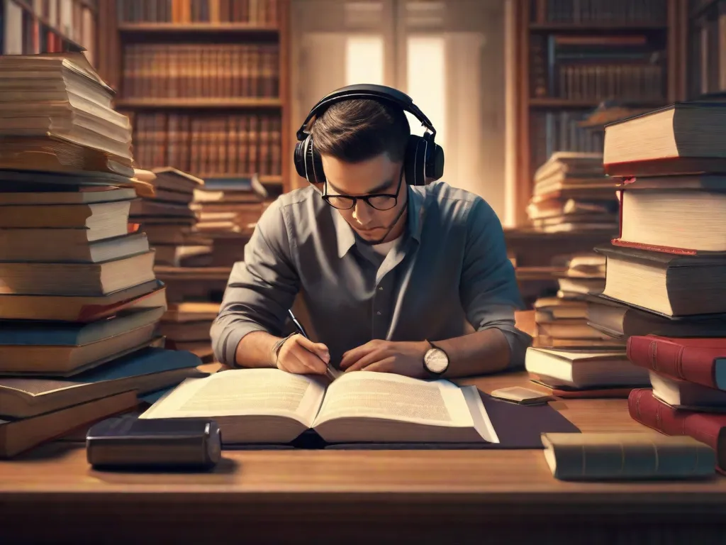 Descrição da imagem: Uma foto de um tradutor sentado em uma mesa, cercado por pilhas de livros e papéis. Ele está concentrado, usando fones de ouvido e digitando em um laptop. A sala está cheia de dicionários e materiais de referência de idiomas, mostrando a dedicação e o trabalho árduo necessários na arte da tradução.