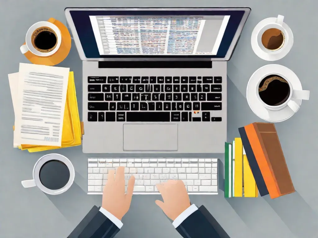 Descrição da imagem: Um close-up das mãos de um tradutor digitando em um teclado, com uma pilha de livros de um lado e uma xícara de café do outro. As mãos estão cercadas por uma mistura de diferentes idiomas, simbolizando os desafios e conquistas enfrentados pelos tradutores brasileiros ao navegarem pelo mundo da tradução.