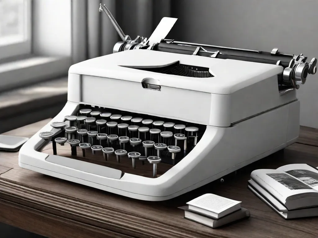 Uma imagem em preto e branco de uma máquina de escrever vintage sobre uma mesa de madeira, cercada por pilhas de livros. A máquina de escrever está posicionada ao lado de um laptop moderno, simbolizando a transição dos estilos literários tradicionais para os contemporâneos no contexto brasileiro. A imagem captura a essência da evolução literária e a coexistência de diferentes movimentos literários.