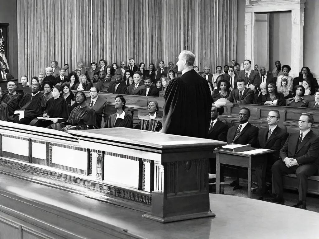 Descrição da imagem:
Uma fotografia em preto e branco captura uma cena de tribunal. No primeiro plano, um advogado confiante e determinado, representando a justiça, está em um pódio. De um lado do tribunal, um grupo diverso de pessoas, simbolizando a sociedade, observa atentamente, suas expressões refletindo uma mistura de esperança e ceticismo. Ao fundo, uma bal
