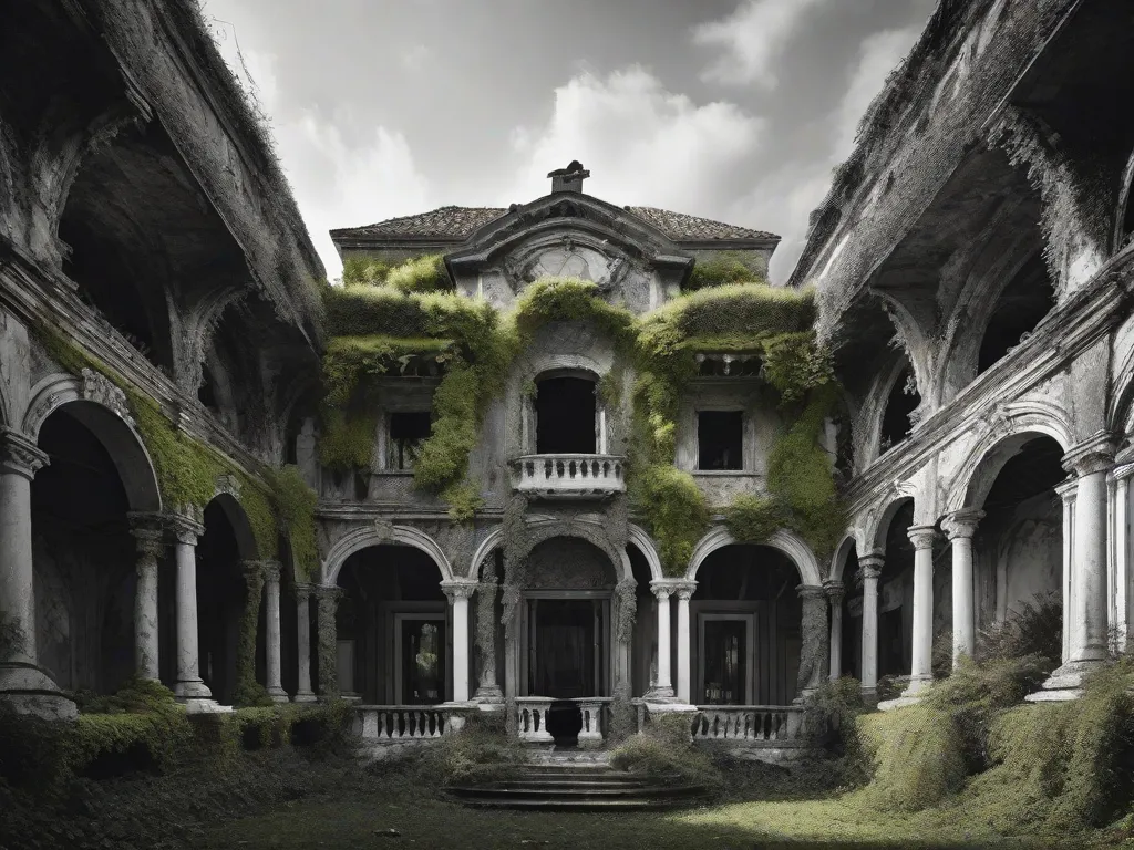 Uma imagem em preto e branco de uma estátua em decomposição em uma praça deserta, com hera subindo por suas pernas e musgo cobrindo seu rosto. A estátua representa a beleza e o encanto decadentes de Veneza, refletindo a obsessão do protagonista com o conceito idealizado de beleza em