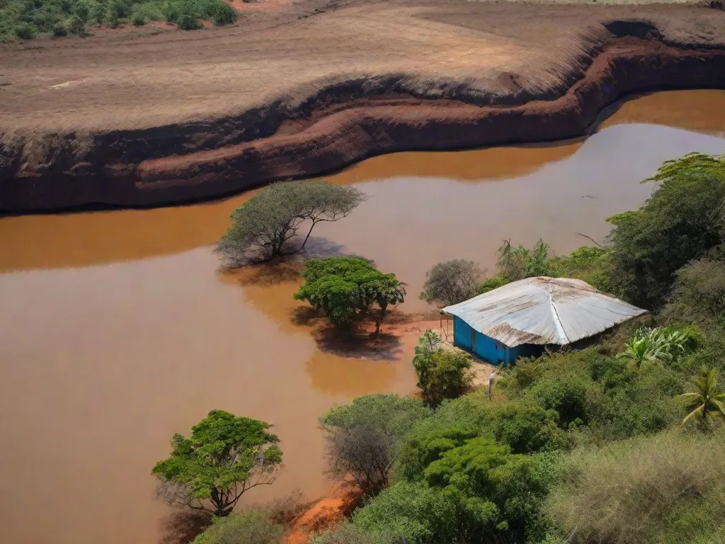 A paisagem árida de 'Vidas Secas' de Graciliano Ramos retrata uma vasta extensão de terra seca e rachada, sem qualquer vegetação, com o sol escaldante no céu. Ao fundo, podemos observar uma pequena casa de barro em ruínas, simbolizando a pobreza e a dureza da vida no sertão brasileiro retratadas na obra.