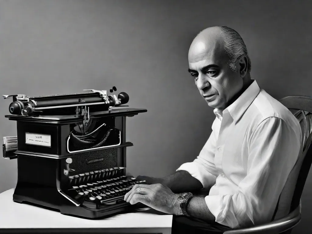 Uma fotografia em preto e branco de Vinicius de Moraes, renomado poeta e compositor brasileiro, sentado em uma máquina de escrever com uma expressão contemplativa. A imagem captura a essência de sua contribuição para o modernismo brasileiro, refletindo seu gênio poético e a beleza atemporal de suas palavras.
