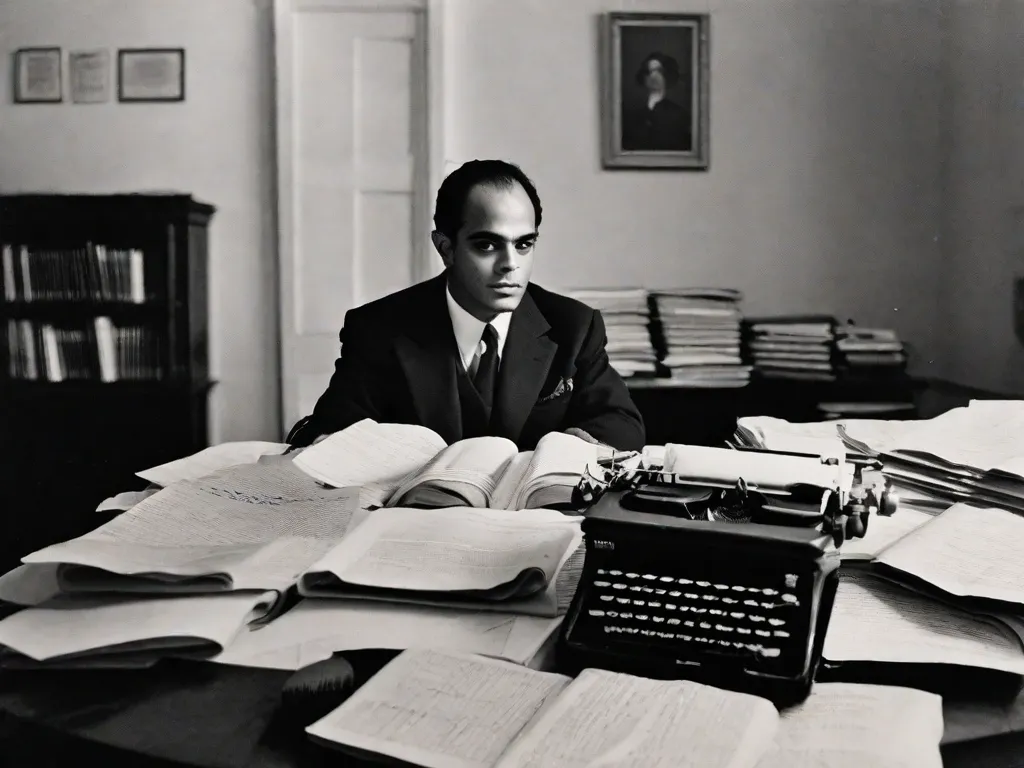 Tema: Vinicius de Moraes e o Modernismo Brasileiro
Descrição da imagem: Uma fotografia em preto e branco de Vinicius de Moraes sentado em uma máquina de escrever, rodeado por folhas de papel preenchidas com letras escritas à mão. O quarto está pouco iluminado, com uma estante cheia de livros ao fundo. Vinicius está imerso em pensamentos