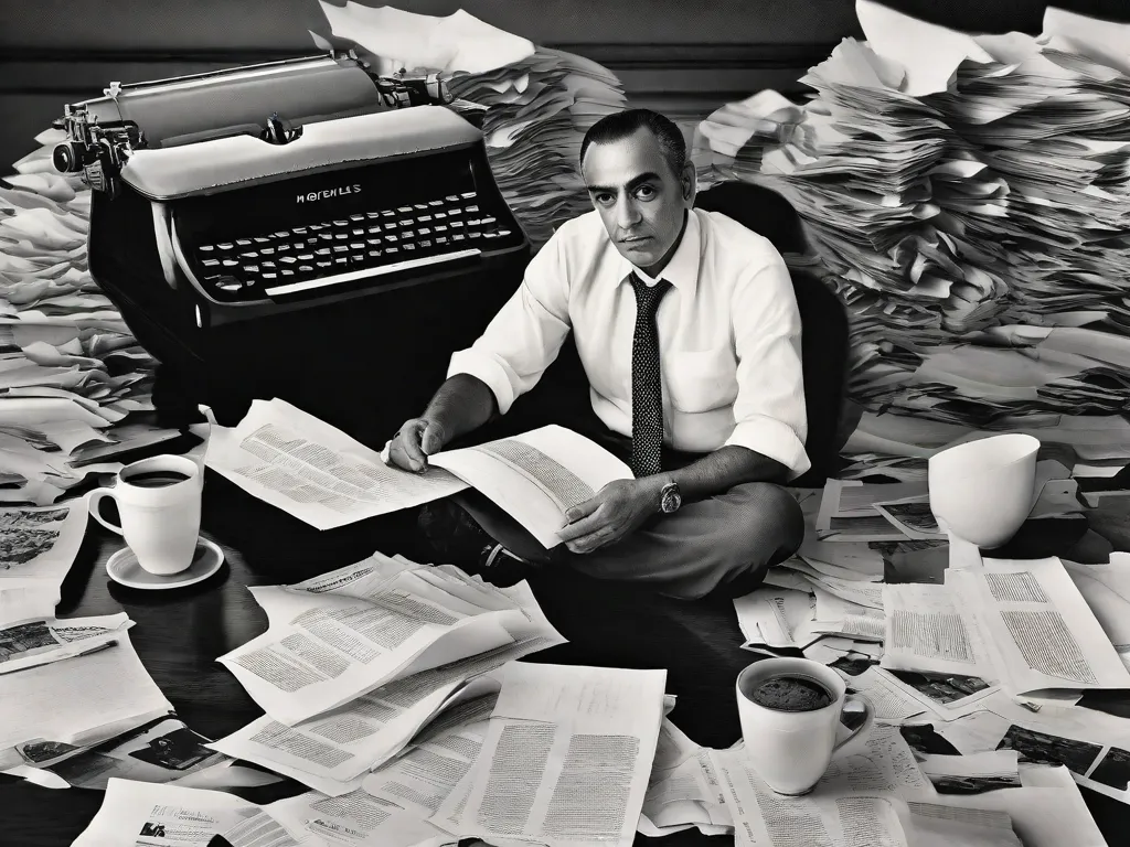 Uma fotografia em preto e branco de Vinicius de Moraes sentado em uma máquina de escrever, cercado por papéis amassados e xícaras de café vazias. A imagem captura a essência do processo criativo do poeta brasileiro durante o movimento Modernista, refletindo sua profunda conexão com as palavras e sua dedicação em criar poesias belas.