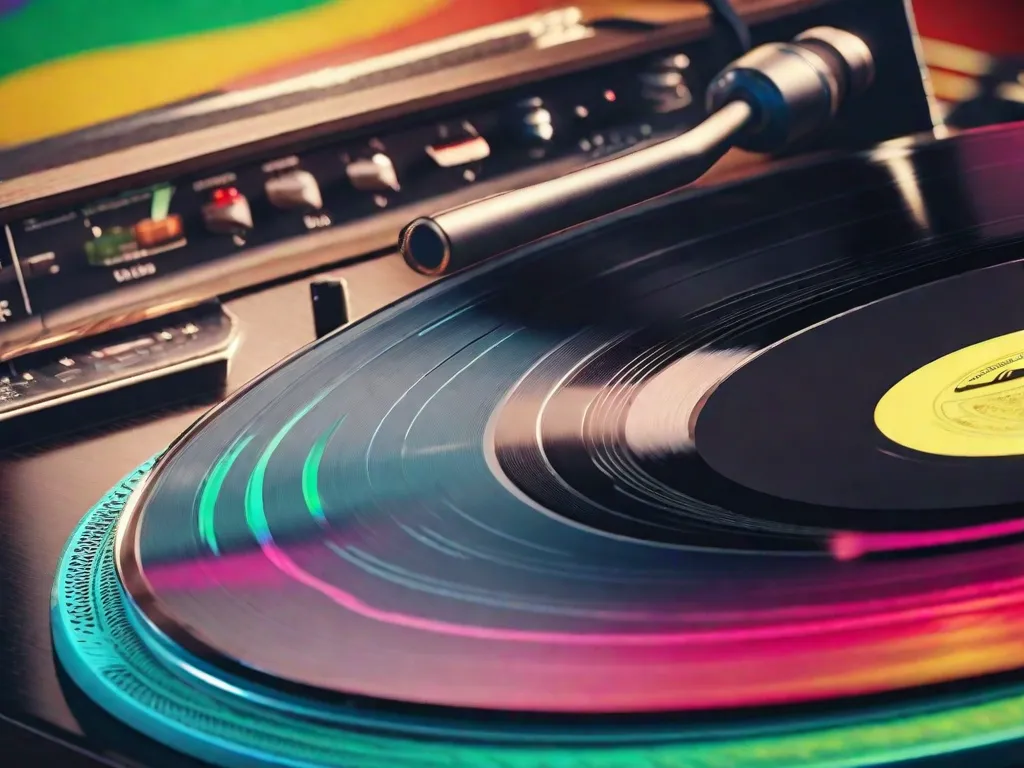 Uma imagem em close-up de um disco de vinil vintage girando em um toca-discos, com as cores vibrantes e sulcos intricados da capa do álbum visíveis. A imagem captura a essência da poesia lírica e musical nas canções brasileiras, simbolizando a harmoniosa fusão de palavras e melodias que define a rica tradição da música brasileira.