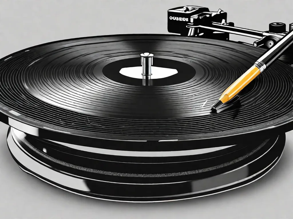 Uma imagem em preto e branco de um disco de vinil girando em um toca-discos, com uma agulha repousando nas ranhuras. O disco é rotulado como 
