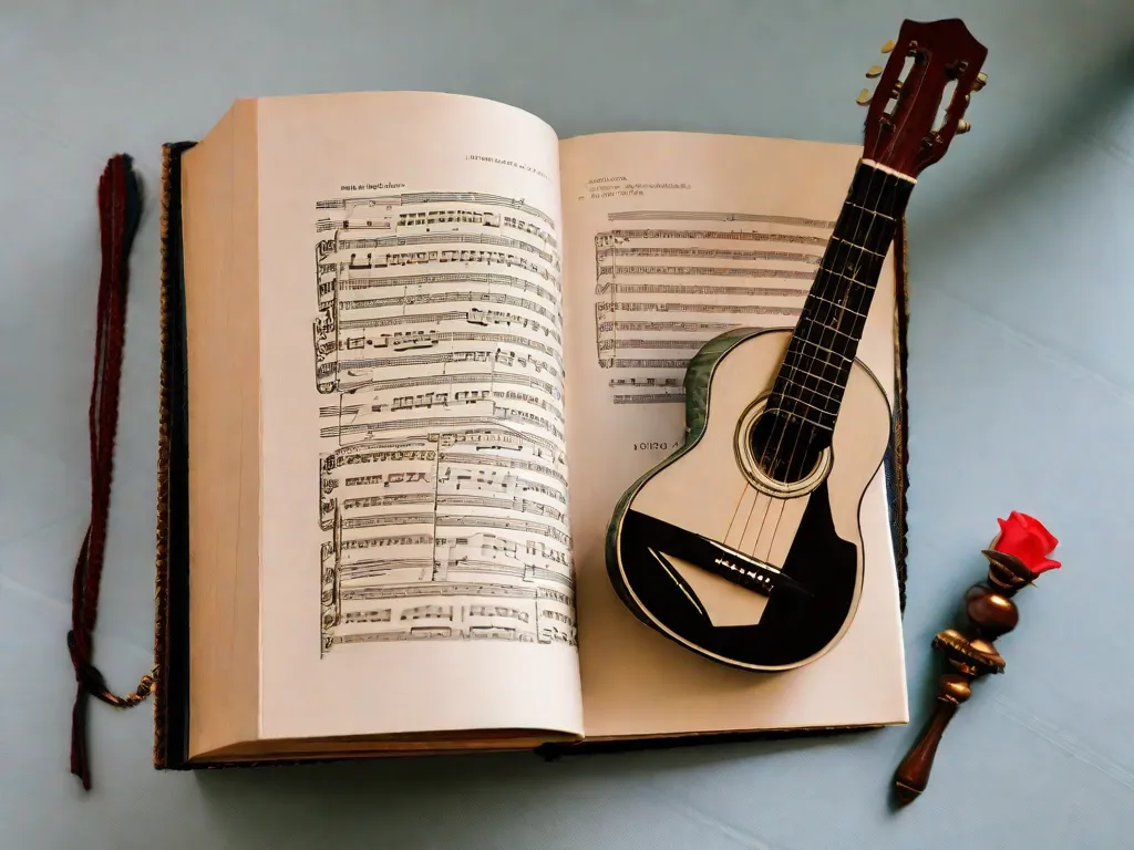 A imagem representa um violão e um livro de poesia colocados um ao lado do outro, simbolizando a conexão estreita entre poesia e música na música brasileira. As notas musicais fluem das páginas do livro, destacando como a melodia e as palavras se unem para criar uma expressão artística única e emocionante.