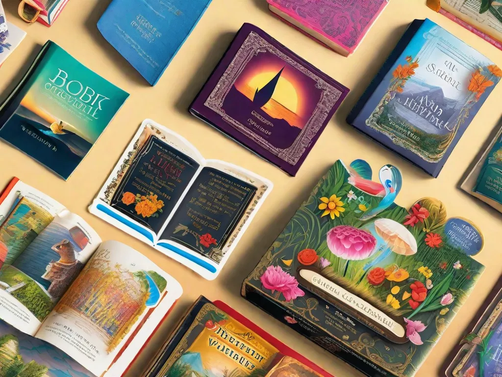 Uma imagem vibrante mostrando uma coleção de adesivos de livros coloridos organizados em um fundo simples. Cada adesivo representa um gênero ou tema diferente, incluindo romance, mistério, fantasia e não-ficção. Esses adesivos de livros adesivos são perfeitos para adicionar um toque de estilo literário a cadernos, laptops e outros itens pessoais.