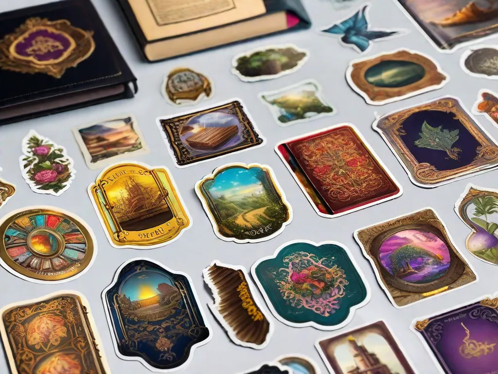 Uma imagem vibrante mostrando uma coleção de adesivos de livros coloridos. Cada adesivo apresenta designs intricados e representa diferentes gêneros, desde fantasia até romance e mistério. Os adesivos estão dispostos de forma organizada em um fundo simples, prontos para serem usados para decorar cadernos, diários ou até mesmo estantes de livros.