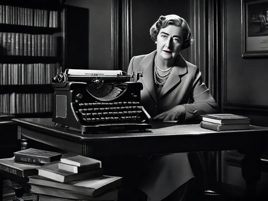 Uma imagem em preto e branco captura a essência dos romances de mistério de Agatha Christie. Uma máquina de escrever antiga repousa sobre uma mesa, cercada por uma pilha de seus livros icônicos. O quarto com pouca iluminação cria uma atmosfera de suspense, convidando os leitores a se envolverem em seu emocionante mundo de crime e intriga.