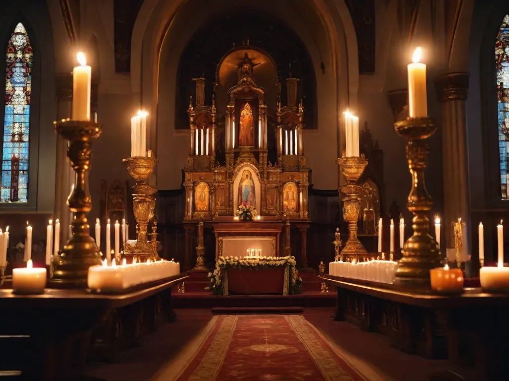 Descrição: Uma imagem serena de um altar de igreja iluminado por velas, adornado com ícones e símbolos religiosos, projetando um brilho quente. As chamas tremeluzentes simbolizam devoção e espiritualidade, criando uma atmosfera de paz e reverência.