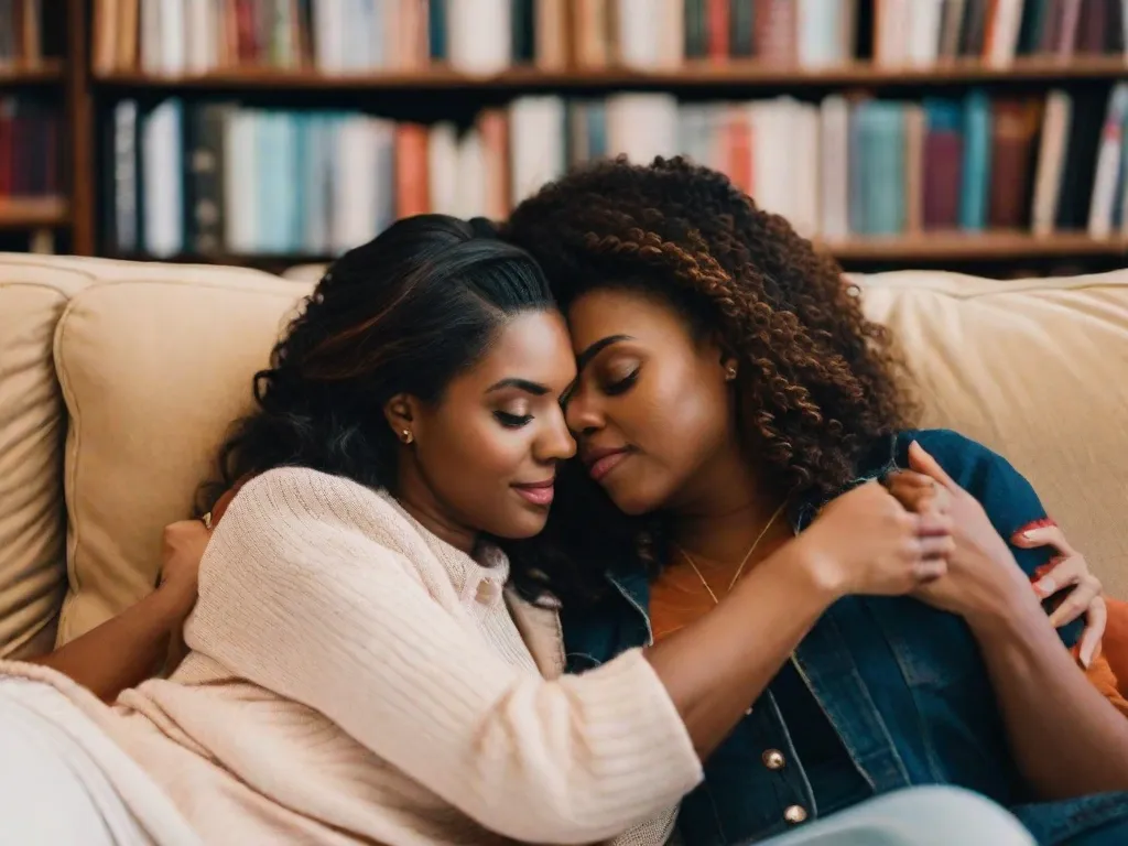 Descrição: Na imagem, duas mulheres estão sentadas lado a lado em um sofá aconchegante, cercadas por um mar de livros. Suas mãos se tocam suavemente enquanto compartilham um momento delicado, seus olhos cheios de amor e paixão. Os livros ao redor delas representam a diversidade de romances lésbicos, simbolizando o poder da narrativa para celebrar e normalizar todas