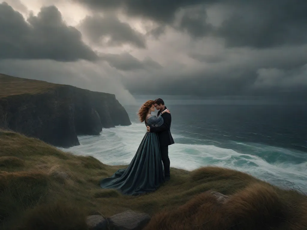 Um casal está em pé em um penhasco varrido pelo vento, observando um mar tempestuoso. Seus rostos estão cheios de saudade e tristeza, enquanto eles se abraçam com força. As nuvens escuras acima refletem a turbulência em seus corações, simbolizando a trágica história de amor de Tristão e Isolda.