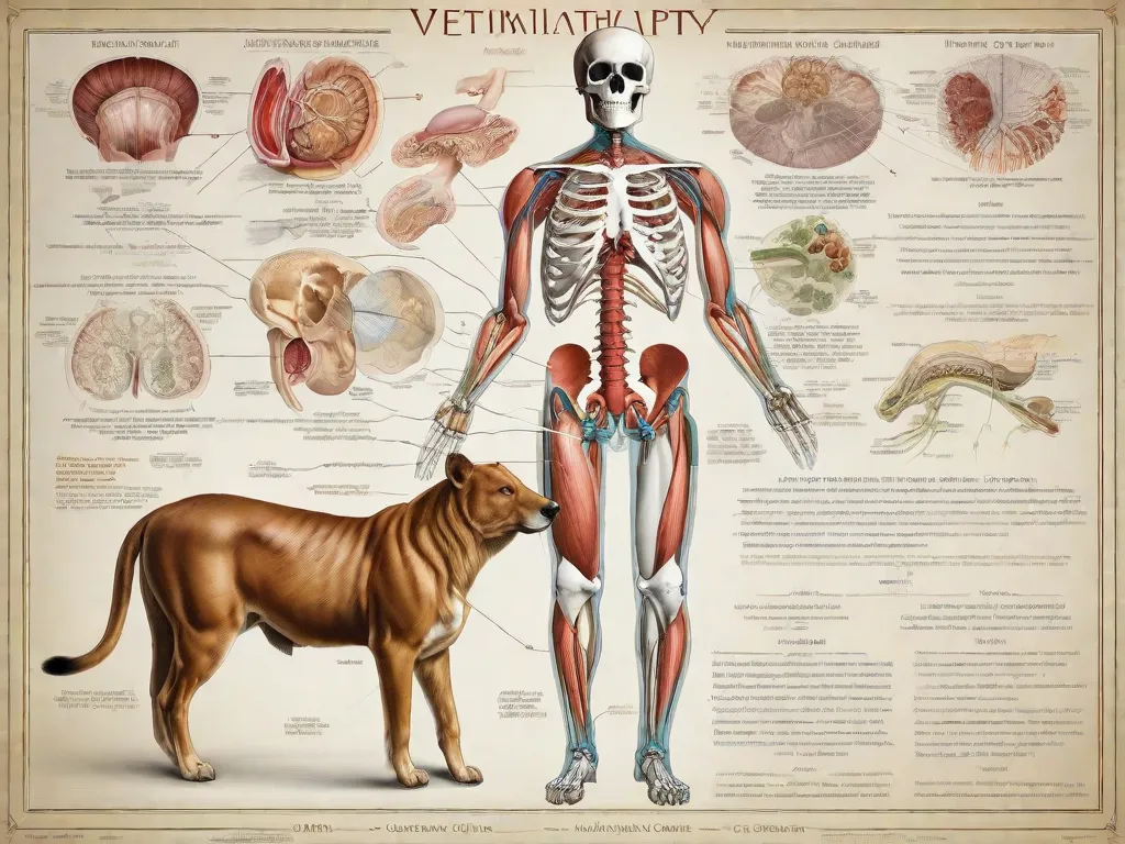 Descrição: Uma ilustração de um gráfico anatômico veterinário mostrando os diversos sistemas dentro do corpo de um animal. A representação detalhada destaca a estrutura esquelética, sistema muscular, sistema circulatório e órgãos internos, fornecendo informações valiosas sobre a complexa anatomia dos animais.