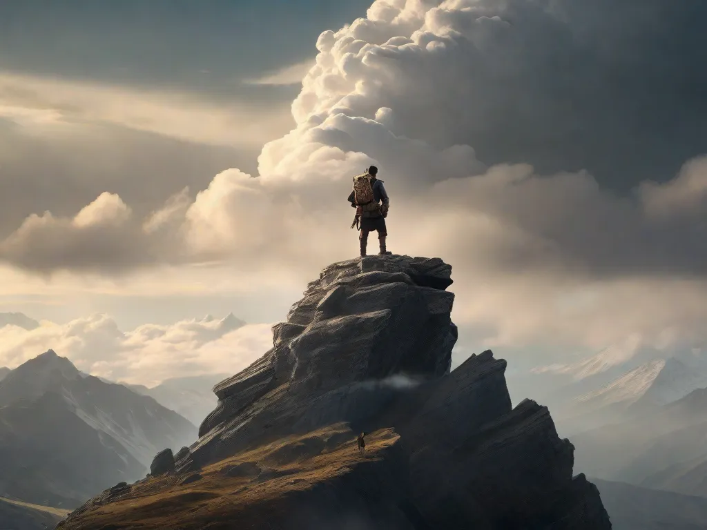 Uma imagem emocionante captura a essência da aventura e ação nos livros. Uma figura solitária está no topo de um pico de montanha traiçoeiro, rodeada por nuvens turbulentas. Segurando um livro desgastado, eles embarcam em uma jornada cheia de adrenalina por terras desconhecidas, sua determinação evidente em seus olhos.