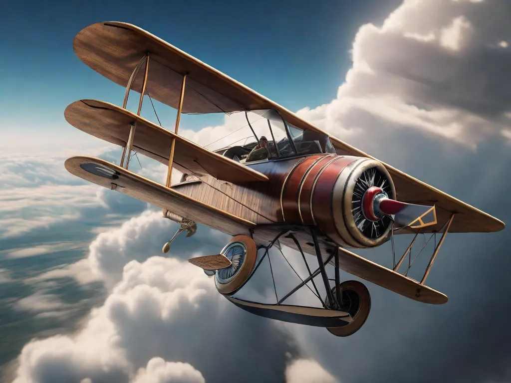 Um avião antigo plana pelas nuvens, suas asas adornadas com livros em vez das marcas tradicionais. As páginas abertas tremulam ao vento, convidando os leitores a embarcar em uma jornada literária que transcende as fronteiras do tempo e do espaço.