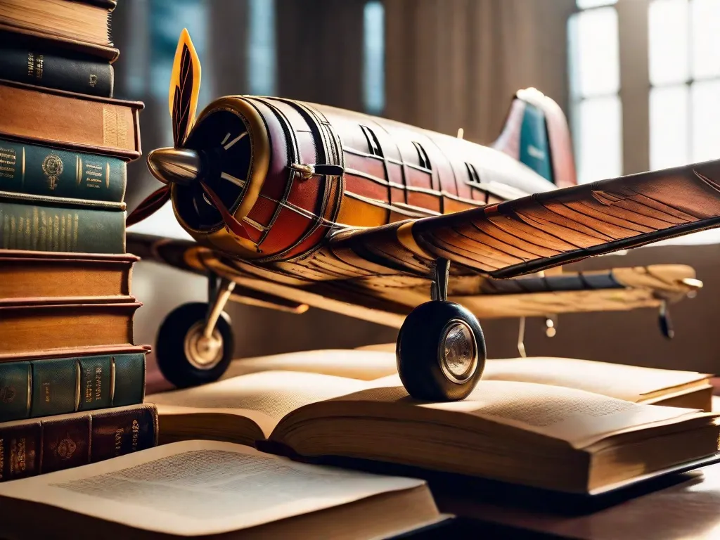 Descrição: Uma imagem em close-up de um avião antigo feito inteiramente de livros. Os livros de capa dura cuidadosamente empilhados formam o corpo do avião, enquanto as páginas criam as asas, dando a impressão de que o avião está pronto para decolar em uma aventura literária.