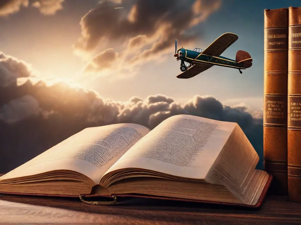 Descrição: Uma imagem em close-up de um avião antigo feito inteiramente de livros. Os livros de capa dura cuidadosamente empilhados formam o corpo do avião, enquanto as páginas criam as asas, dando a impressão de que o avião está pronto para decolar em uma aventura literária.